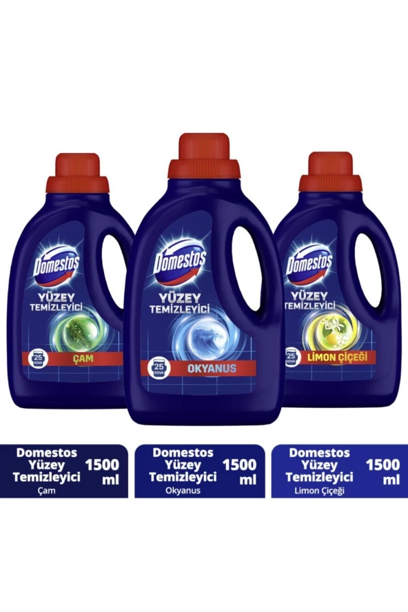 Domestos Yüzey Temizleyici Çam 1500 ml + Okyanus 1500 ml + Limon Çiçeği 1500 ml