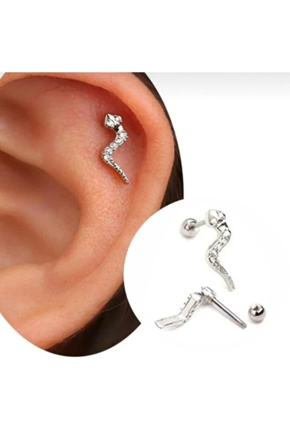 Paslanmaz Kararmaz Cerrahi Çelik Yılan Tragus, Kıkırdak, Helix 8mm Piercing (İKİ TARAFLI AÇILABİLİR)