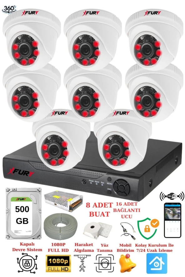 FURY 8 Kameralı 5mp 3.6mm Lens 2mp Görüntü 6 Atom Led Gece Görüşlü FullHd Güvenlik Kamerası 1412A 500GB