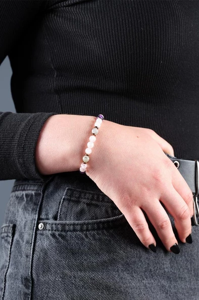 Sertifikalı Doğal Taş Pembe Kuvars Ametist Labradorit Kadın Erkek 6mm Doğal Taşlı Hediye Bileklik - 3
