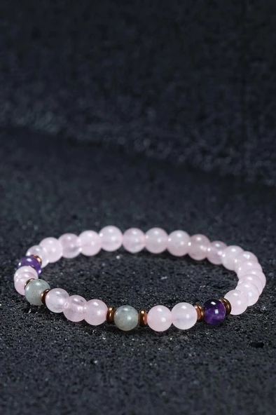 Sertifikalı Doğal Taş Pembe Kuvars Ametist Labradorit Kadın Erkek 6mm Doğal Taşlı Hediye Bileklik - 7