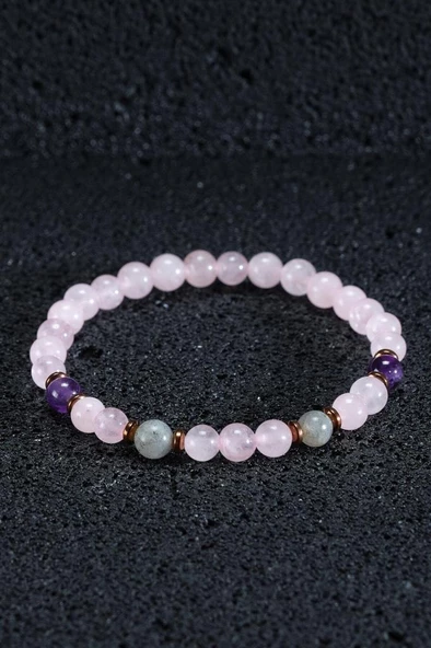 Sertifikalı Doğal Taş Pembe Kuvars Ametist Labradorit Kadın Erkek 6mm Doğal Taşlı Hediye Bileklik - 2