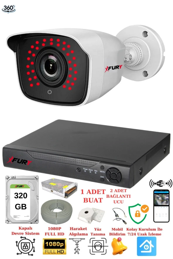 FURY 1 Kameralı 5mp 3.6mm Lens 2mp Görüntü 36 Led Gece Görüşlü FullHd Güvenlik Kamerası 2236 320 GB