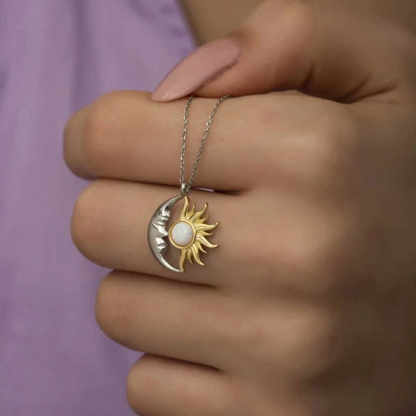 925 Ayar Gümüş Opal Beyaz Taşlı Ay Güneş Kadın Kolye