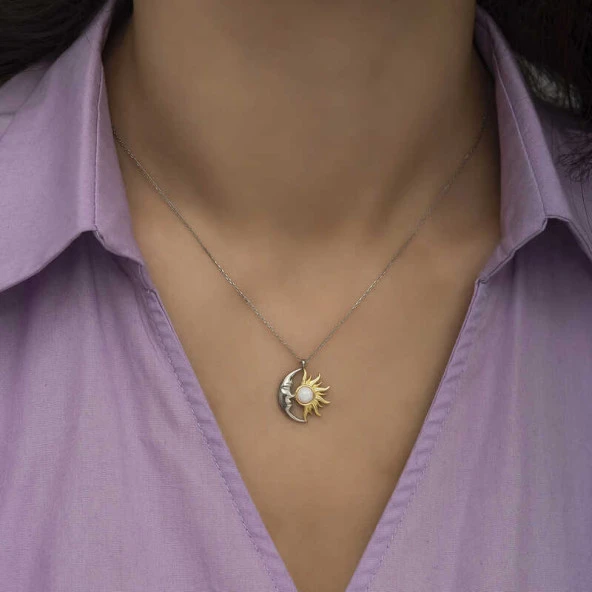 925 Ayar Gümüş Opal Beyaz Taşlı Ay Güneş Kadın Kolye - Resim 2