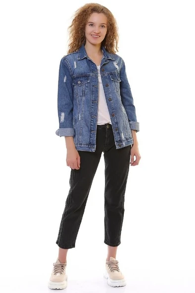 Lazer Yırtıklı ve Klasik Yakalı Uzun Kollu Cepli Klasik Kadın Kot Ceket Koyu Mavi Denim Dört Mevsim - 6