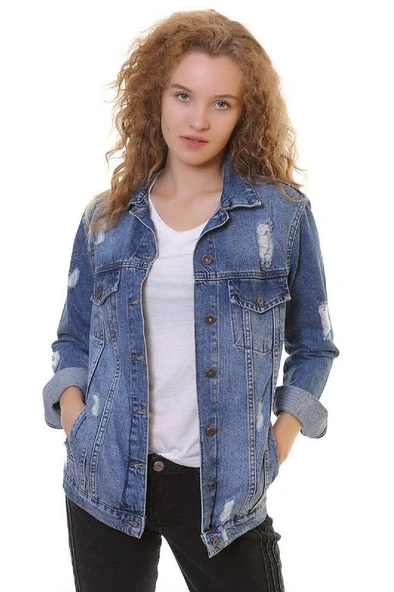 Lazer Yırtıklı ve Klasik Yakalı Uzun Kollu Cepli Klasik Kadın Kot Ceket Koyu Mavi Denim Dört Mevsim - 2