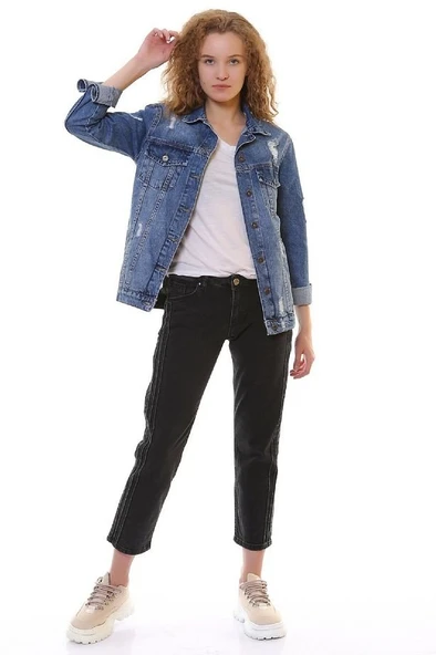 Lazer Yırtıklı ve Klasik Yakalı Uzun Kollu Cepli Klasik Kadın Kot Ceket Koyu Mavi Denim Dört Mevsim - 5