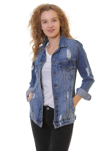 Lazer Yırtıklı ve Klasik Yakalı Uzun Kollu Cepli Klasik Kadın Kot Ceket Koyu Mavi Denim Dört Mevsim - 4