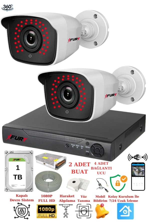 FURY 2 Kameralı 5mp 3.6mm Lens 2mp Görüntü 36 Led Gece Görüşlü FullHd Güvenlik Kamerası 2236 1 TB
