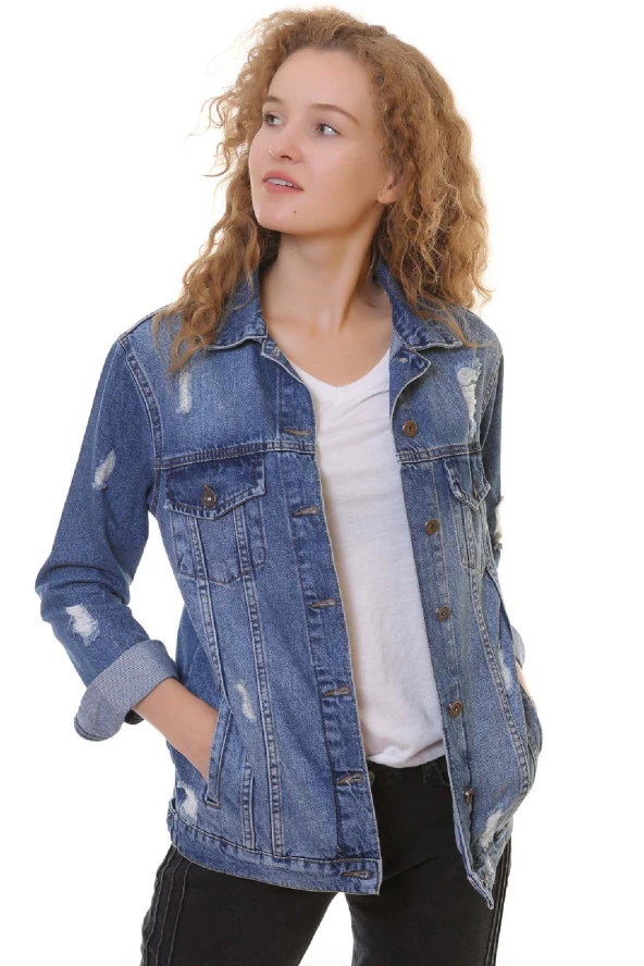 Lazer Yırtıklı ve Klasik Yakalı Uzun Kollu Cepli Klasik Kadın Kot Ceket Koyu Mavi Denim Dört Mevsim - 2