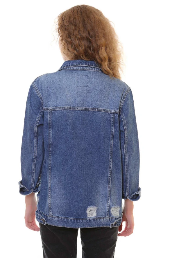 Lazer Yırtıklı ve Klasik Yakalı Uzun Kollu Cepli Klasik Kadın Kot Ceket Koyu Mavi Denim Dört Mevsim - 3