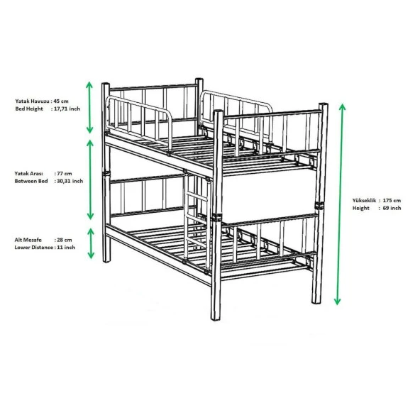 Yurt Genç Çocuk Odası 90x190 ve 90x200 Yatak Ölçülü Metal Ranza - 3