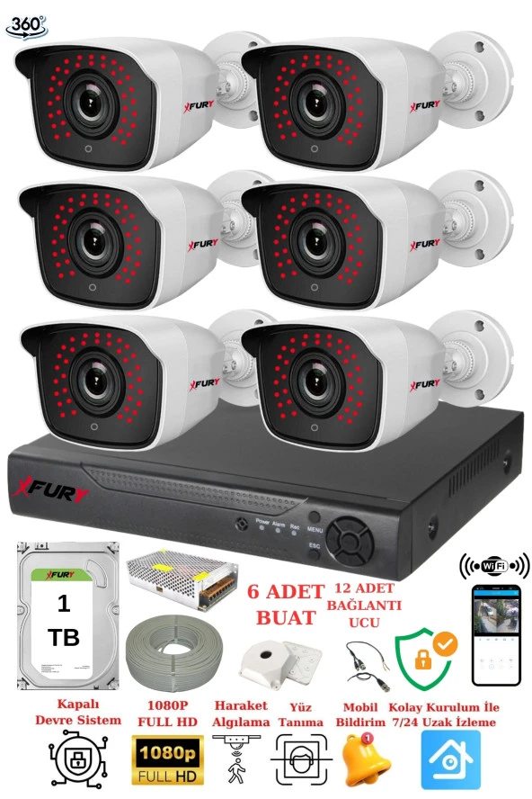 FURY 6 Kameralı 5mp 3.6mm Lens 2mp Görüntü 36 Led Gece Görüşlü FullHd Güvenlik Kamerası 2236 1 TB