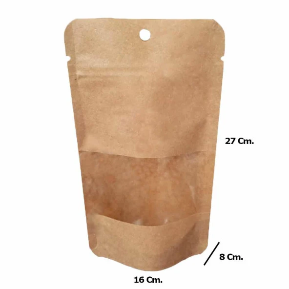 Doypack Pencereli Kraft Delikli Kilitli Kese Kağıdı - Orta Boy - 16x27x8 Cm. - 20 Adetlik 1 Paket - 2