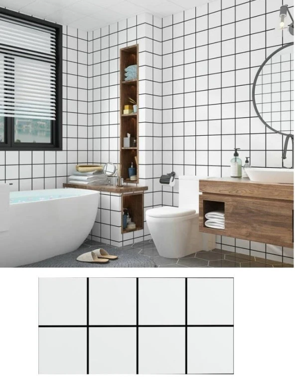 Renkli Duvarlar 60x30cm Shiny Siyah Çizgili Beyaz Kare Yapışkanlı Karavan Prefabrik Banyo Wc Duvar Kaplama Paneli ürün görseli