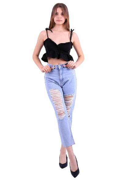 Önü Yırtıklı  Detaylı  Yüksek Belli Cepli ve Astarsız Mom Fit Kadın Kot Pantolon Buz Mavisi Denim  - 5