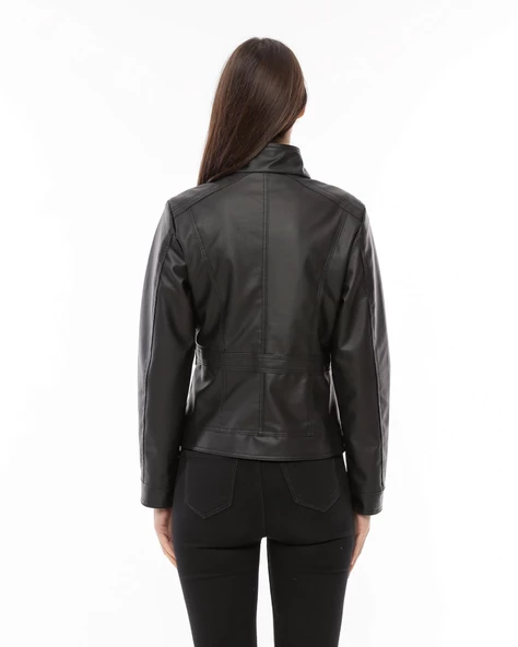 Morden Dar Kesim Deri Ceket - Siyah - 6