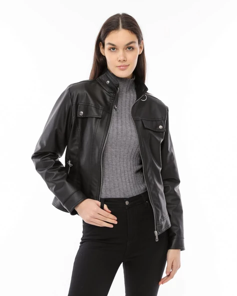 Morden Dar Kesim Deri Ceket - Siyah - 8