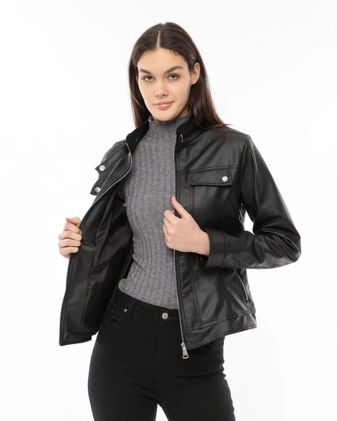 Morden Dar Kesim Deri Ceket - Siyah - 5