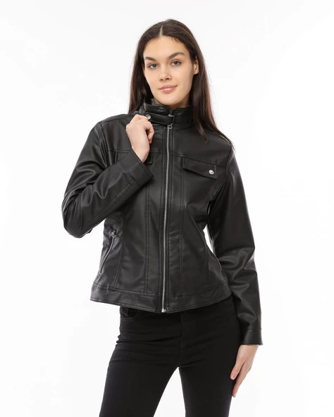 Morden Dar Kesim Deri Ceket - Siyah - 7