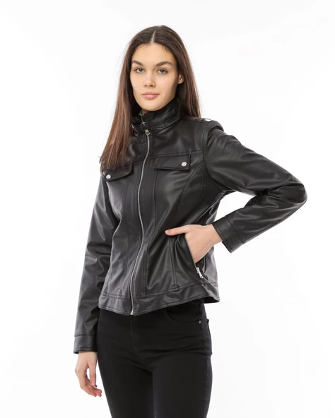 Morden Dar Kesim Deri Ceket - Siyah - 4