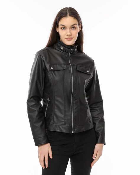 Morden Dar Kesim Deri Ceket - Siyah - 2