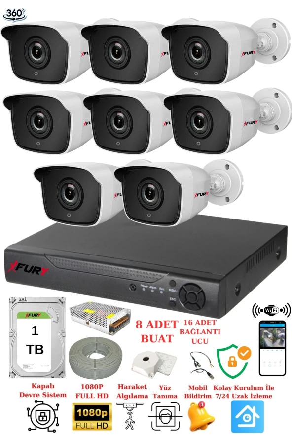 FURY 8 Kameralı 5mp 3.6mm Lens 2mp Görüntü 36 Led Gece Görüşlü FullHd Güvenlik Kamerası 2236 1 TB - Resim 2
