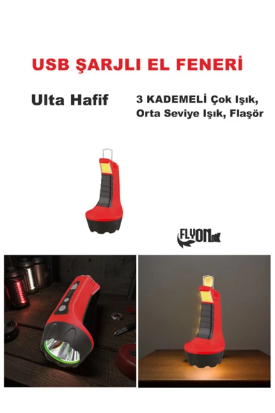 ULTRA HAFİF GÜÇLÜ USB ŞARJL I EL FENERİ HEM FENER HEM ORTAM AYDINLATMASI 3 KADEMELİ LED EL FENERİ - 3