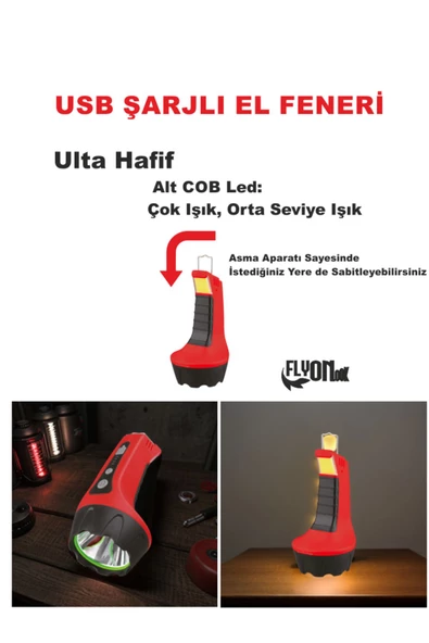 ULTRA HAFİF GÜÇLÜ USB ŞARJL I EL FENERİ HEM FENER HEM ORTAM AYDINLATMASI 3 KADEMELİ LED EL FENERİ