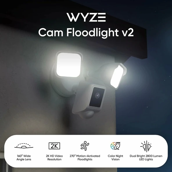 Wyze Floodlight Kamera v2, 2K HD Dış Mekan Güvenlik Kamerası - Beyaz - 2