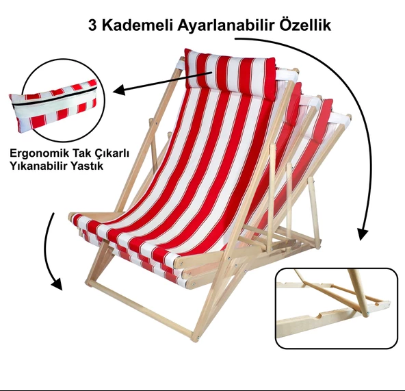 Ahşap Katlanır Şezlong Bahçe/balkon/teras/plaj 3 Kademe Ayarlı Balıkçı Tv Koltuğu Şezlong - Kırmızı - 4