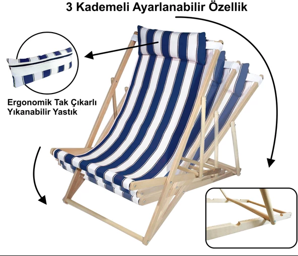 Ahşap Katlanır Şezlong Bahçe/balkon/teras/plaj 3 Kademe Ayarlı Balıkçı Tv Koltuğu Şezlong - Mavi - 4