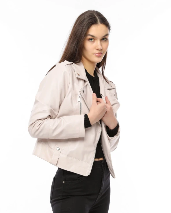 Morden Dar Kesim Deri Ceket - Krem - 2