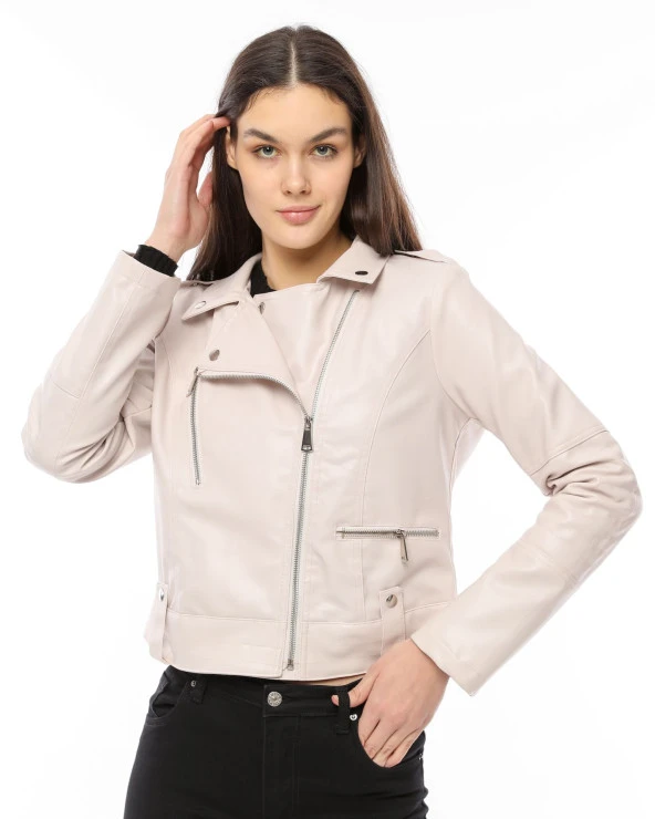 Morden Dar Kesim Deri Ceket - Krem - 3