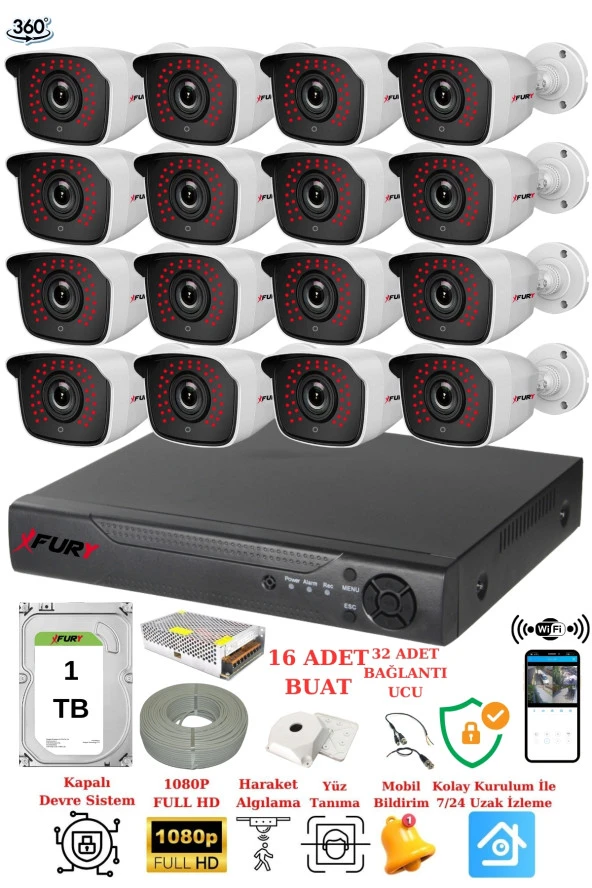 FURY 16 Kameralı 5mp 3.6mm Lens 2mp Görüntü 36 Led Gece Görüşlü FullHd Güvenlik Kamerası 2236 1 TB