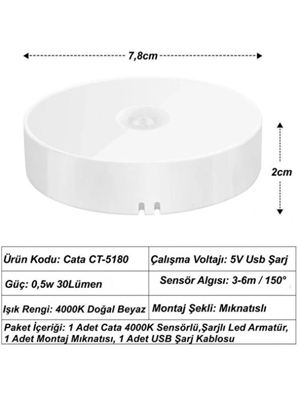 Cata Ct-5180 Sensörlü Mıknatıslı Kabin Led Armatür Günışığı - 5