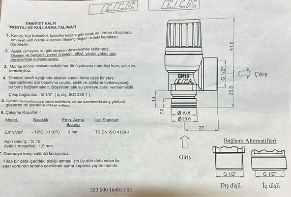 Eca Baymak Geçme 3 Bar Emniyet Ventili (orjinal) - Resim 2