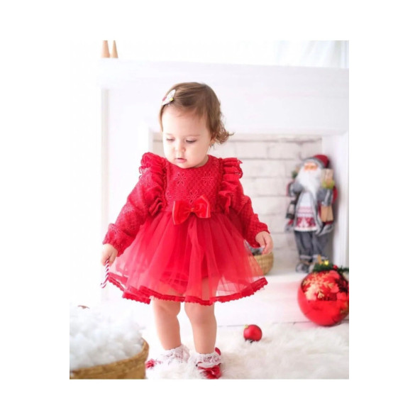 Kız Bebek Güpür Tül Etekli Prenses Elbise - Kırmızı