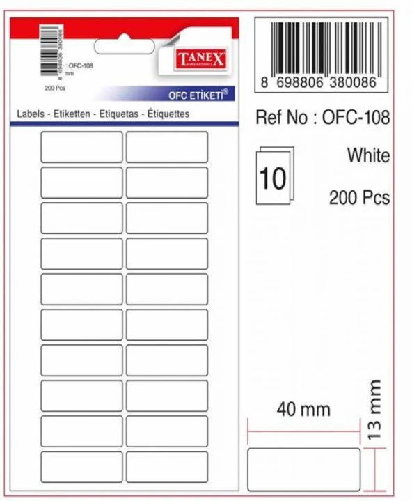 Tanex Etiket 13x40mm Beyaz - 200 Adet