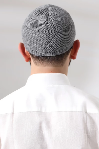 Gri Süper Namaz Dantel Detaylı Örme Orlon Namaz Takkesi - Resim 5