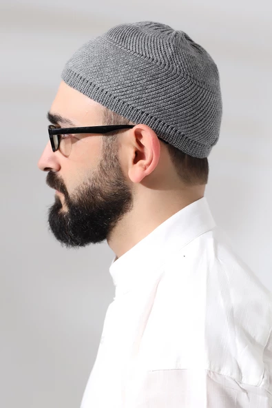 Gri Süper Namaz Dantel Detaylı Örme Orlon Namaz Takkesi - Resim 3