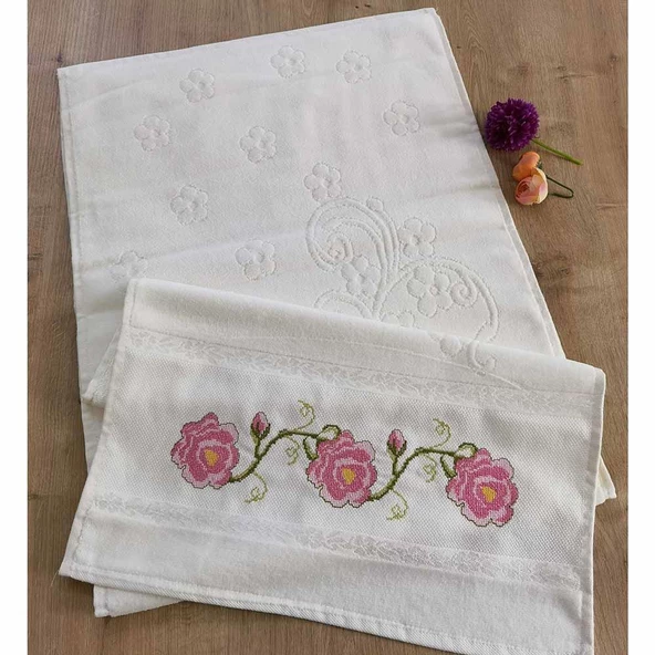 Rüya Etamin Kanaviçe Nakışlı Havlu Krem ( 50x90  ) 1 Adet
