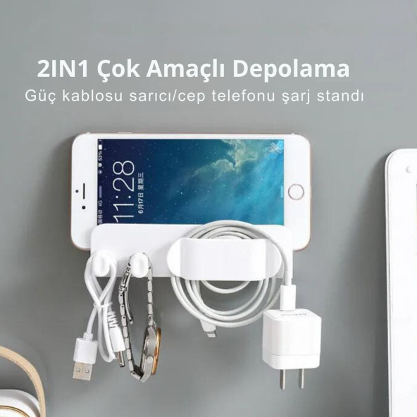 2 ADET -Duvar Tipi Telefon, Tablet Şarj Standı, Yapışkanlı Kablo Düzenleyici, Çok Amaçlı Stant - 8