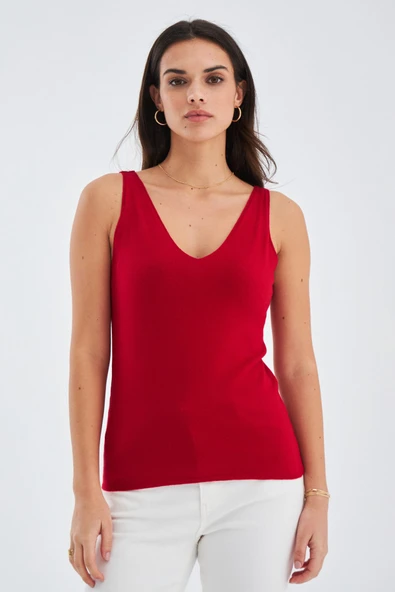 Peraluna RUBY TOP V Yaka İnce Askılı Yazlık Kadın Triko Atlet - Kırmızı - Resim 5