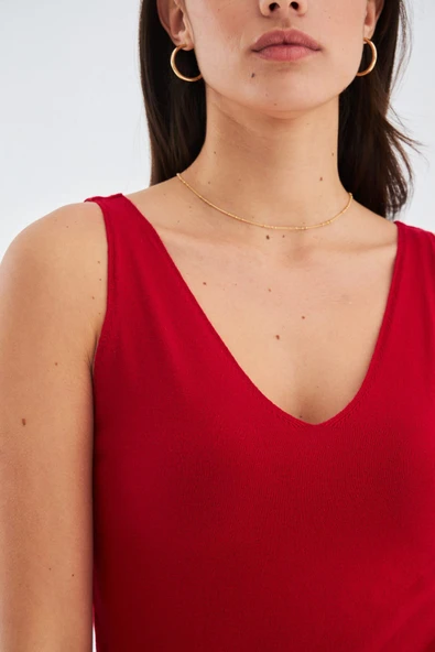 Peraluna RUBY TOP V Yaka İnce Askılı Yazlık Kadın Triko Atlet - Kırmızı - Resim 3