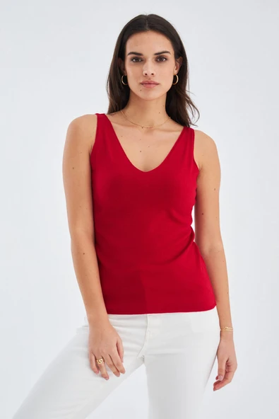 Peraluna RUBY TOP V Yaka İnce Askılı Yazlık Kadın Triko Atlet - Kırmızı - Resim 2
