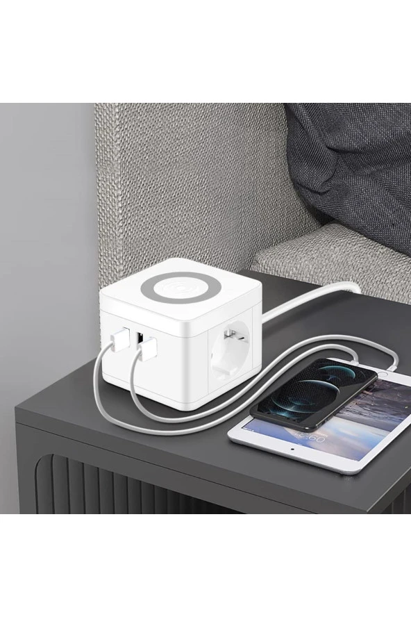 Priz Çoğaltıcı Isıya Dayanıklı Termal Akım Korumalı Uzatma Kablolu 2x Soket 3x USB Wireless Şarjlı