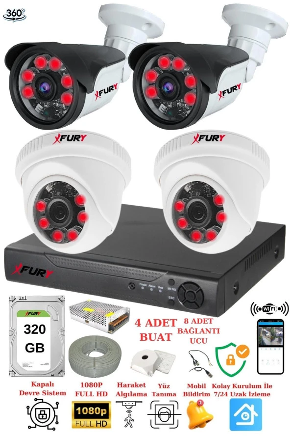 FURY 4 Kameralı 5mp 3.6mm Lens 2mp Görüntü 6 Atom Led Gece Görüşlü FullHd Güvenlik Kamerası 551412 320 GB