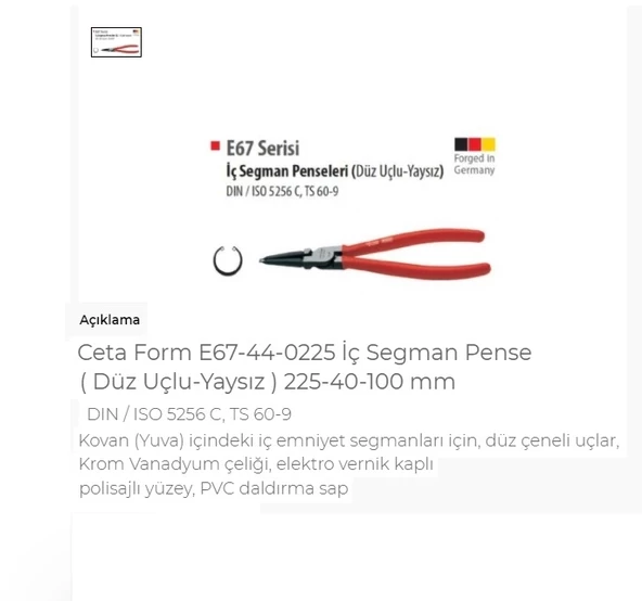 Ceta Form E67-44-0225 Iç Segman Pense Düz Uçlu-Yaysız 225-40-